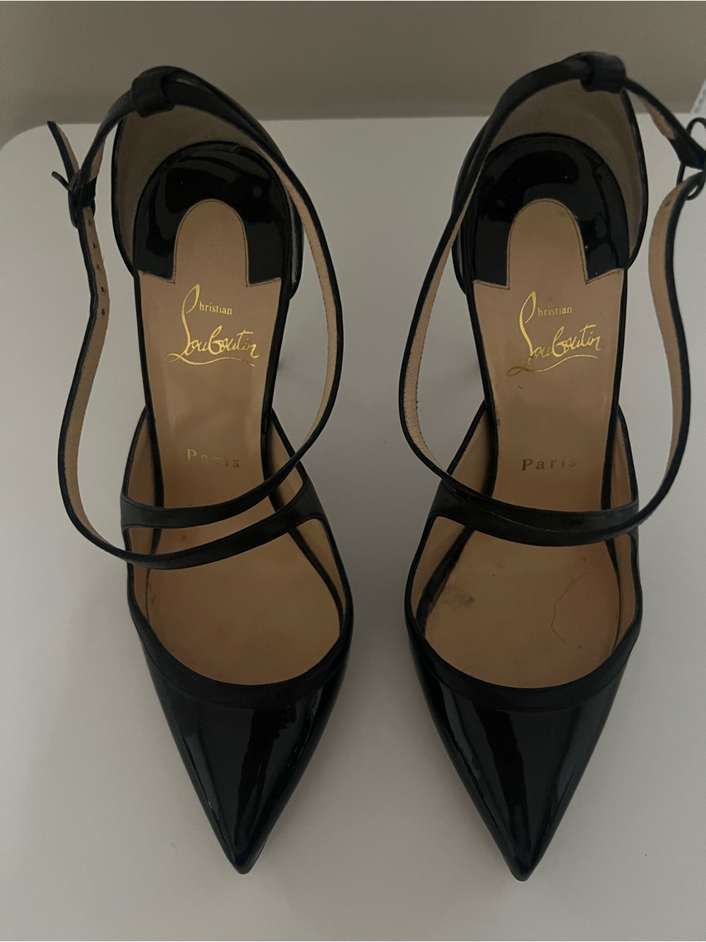 Christian Louboutin Black Patent Pointed-Strap Pumps